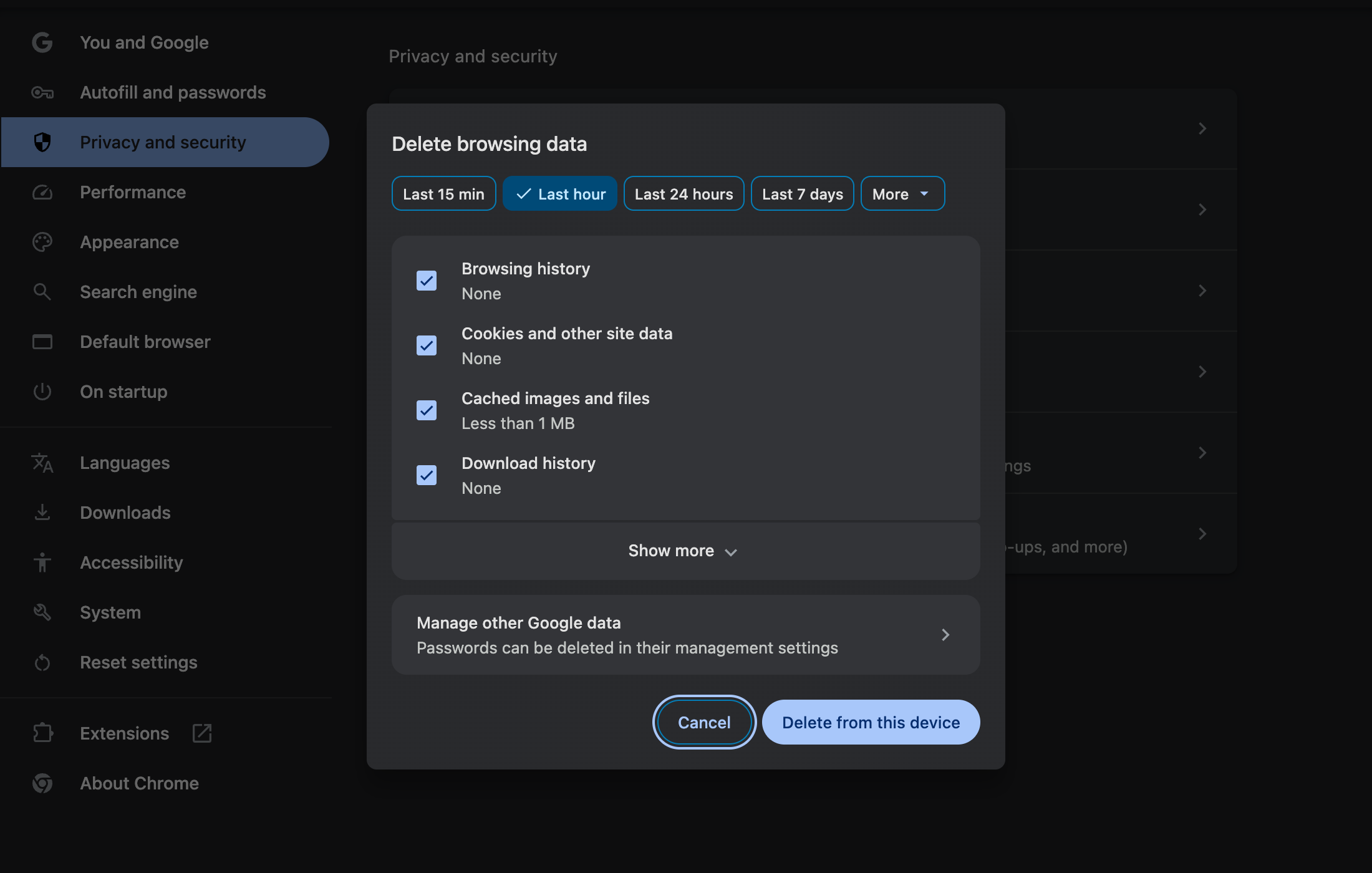Chrome's Delete browsing data dialog showing the time range chips and the Cached images and files checkbox