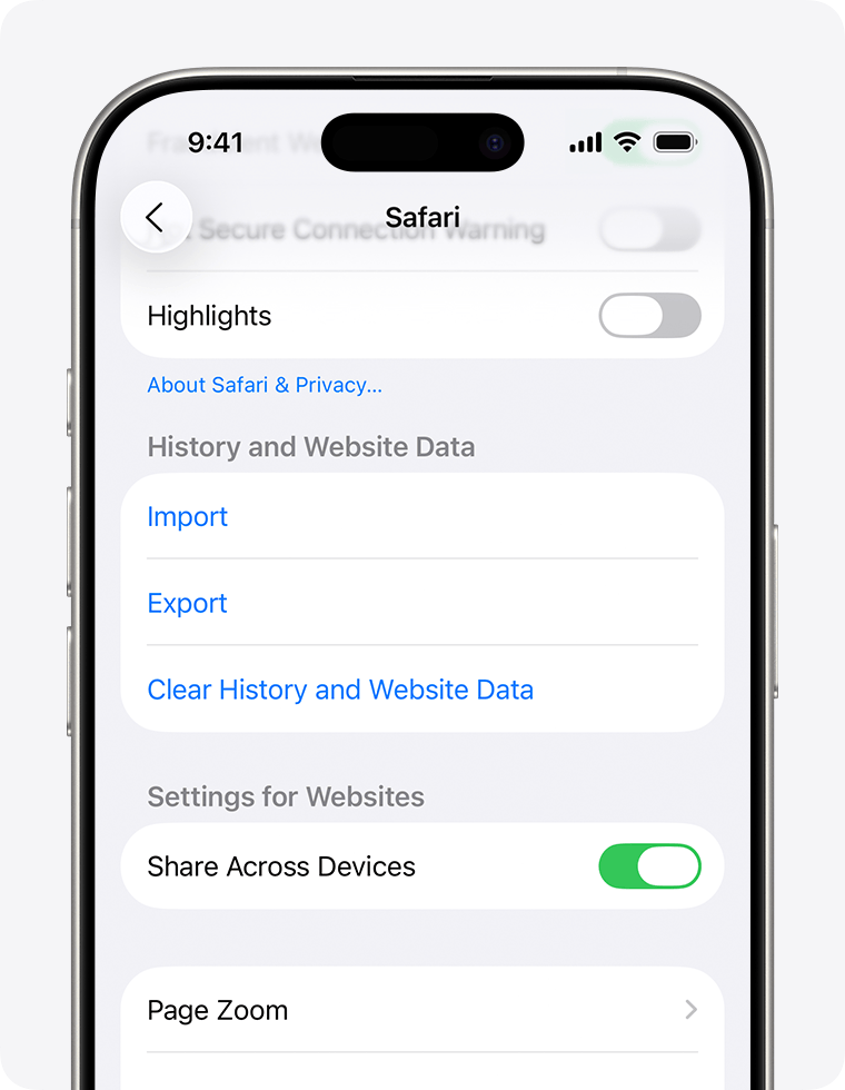 iPhone Settings showing the Safari page with Clear History and Website Data highlighted