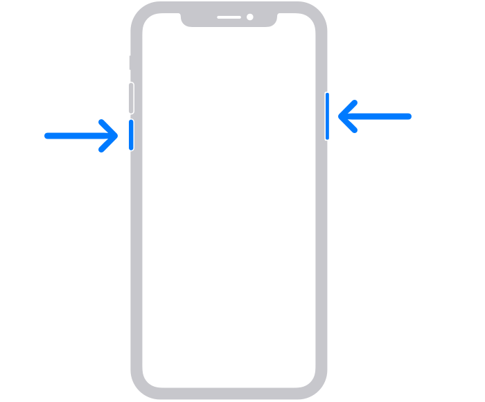 Diagram of an iPhone with arrows pointing to the side button and a volume button